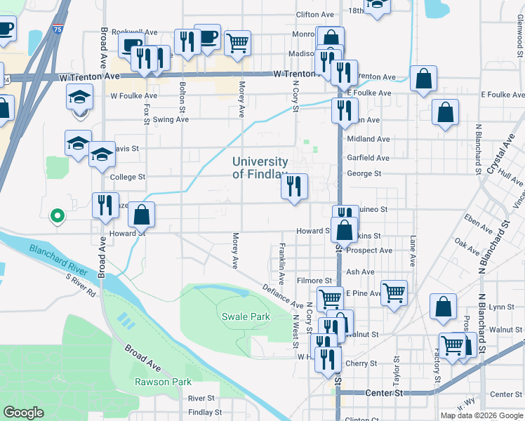 map of restaurants, bars, coffee shops, grocery stores, and more near 324 Howard Street in Findlay