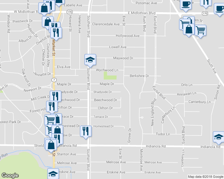 map of restaurants, bars, coffee shops, grocery stores, and more near 168 Shadyside Drive in Youngstown