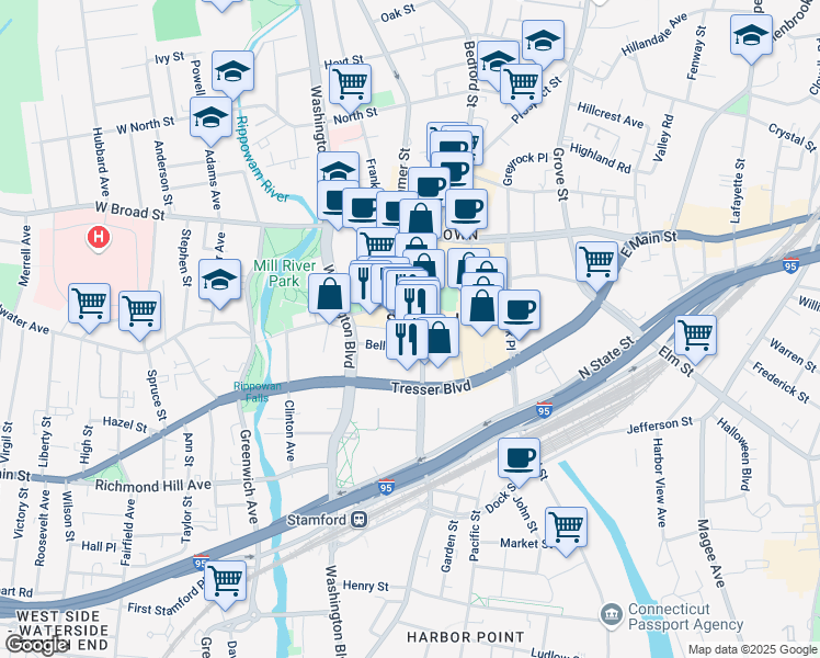 map of restaurants, bars, coffee shops, grocery stores, and more near 51 Bank Street in Stamford