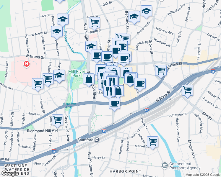 map of restaurants, bars, coffee shops, grocery stores, and more near 51 Bank Street in Stamford