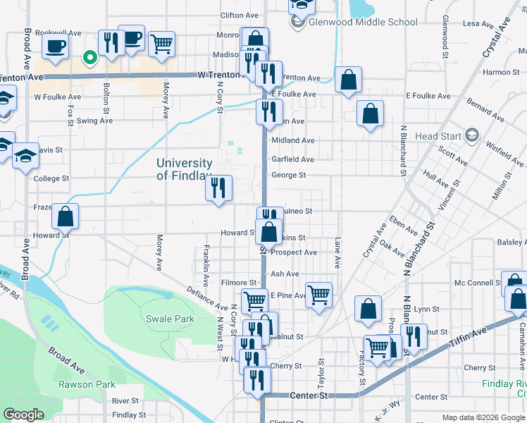map of restaurants, bars, coffee shops, grocery stores, and more near 950 North Main Street in Findlay