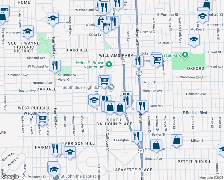 map of restaurants, bars, coffee shops, grocery stores, and more near 3601 Calhoun Street in Fort Wayne