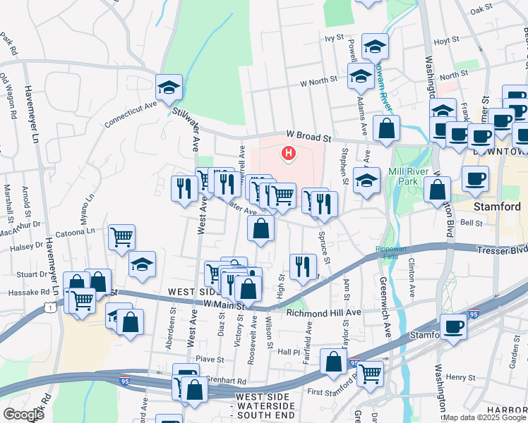 map of restaurants, bars, coffee shops, grocery stores, and more near in Stamford