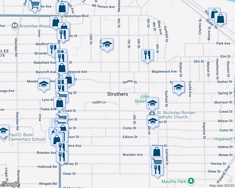 map of restaurants, bars, coffee shops, grocery stores, and more near in Struthers