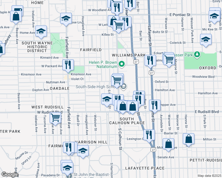 map of restaurants, bars, coffee shops, grocery stores, and more near 3625 South Harrison Street in Fort Wayne