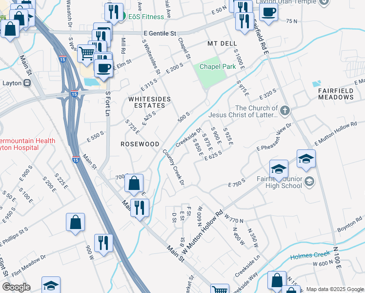 map of restaurants, bars, coffee shops, grocery stores, and more near 818 Creekside Drive in Layton