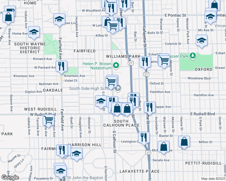map of restaurants, bars, coffee shops, grocery stores, and more near 3601 Calhoun Street in Fort Wayne