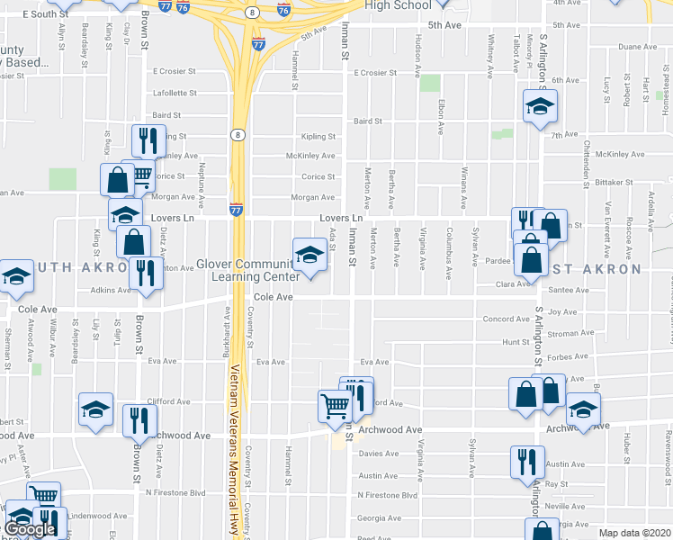 map of restaurants, bars, coffee shops, grocery stores, and more near 931 Ada Street in Akron