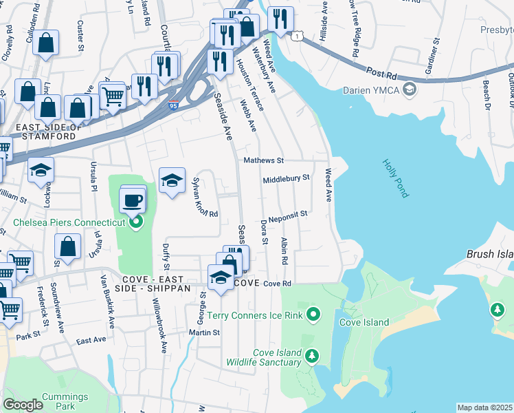 map of restaurants, bars, coffee shops, grocery stores, and more near 206 Seaside Avenue in Stamford