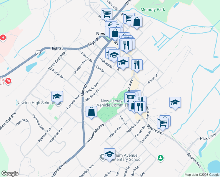 map of restaurants, bars, coffee shops, grocery stores, and more near 77 Madison Street in Newton