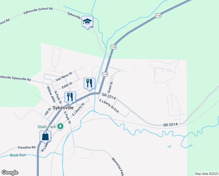 map of restaurants, bars, coffee shops, grocery stores, and more near 330 East Main Street in Sykesville