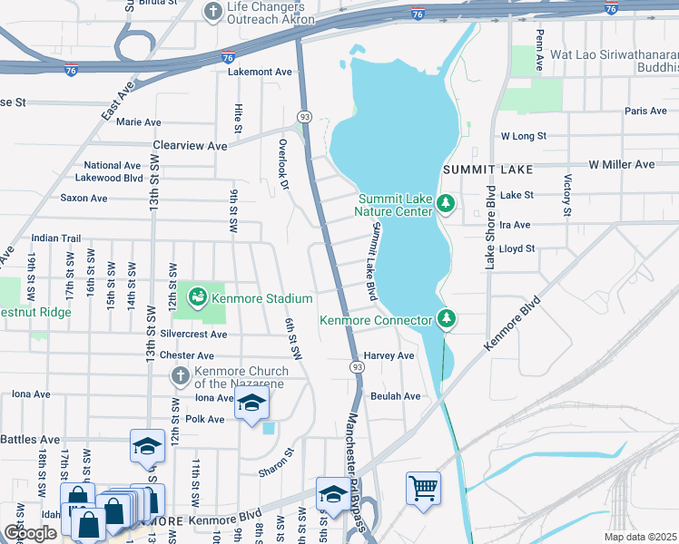 map of restaurants, bars, coffee shops, grocery stores, and more near 595 Indian Trail in Akron