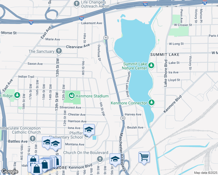 map of restaurants, bars, coffee shops, grocery stores, and more near 595 Indian Trail in Akron