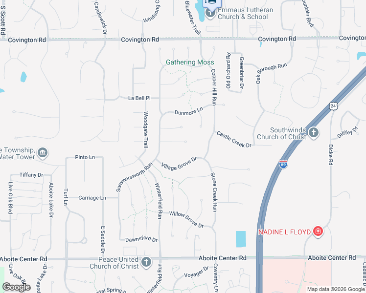 map of restaurants, bars, coffee shops, grocery stores, and more near 8820 Village Grove Drive in Fort Wayne