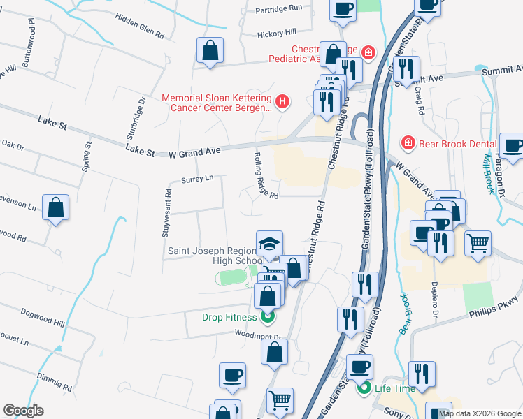 map of restaurants, bars, coffee shops, grocery stores, and more near 10 Rustic Circle in Montvale