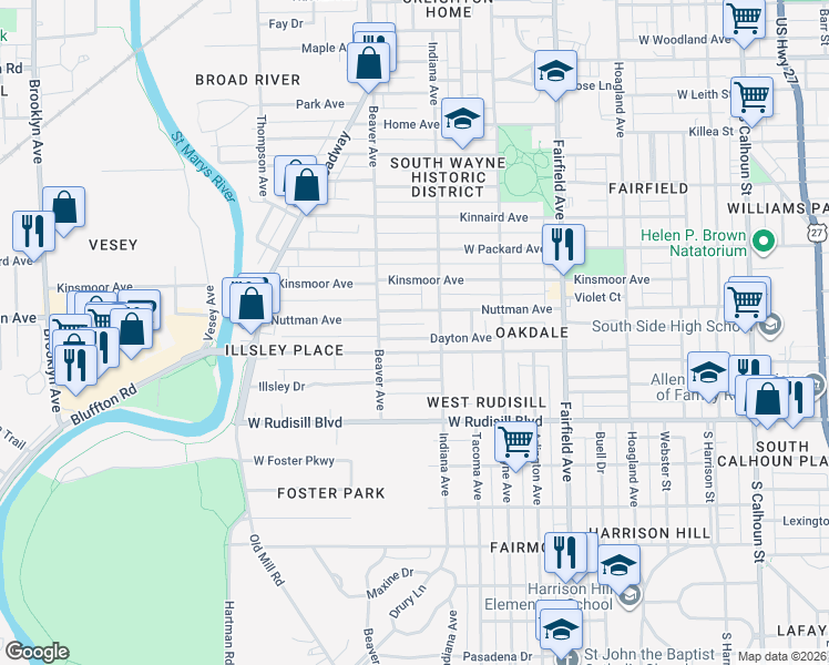 map of restaurants, bars, coffee shops, grocery stores, and more near 924 Dayton Avenue in Fort Wayne
