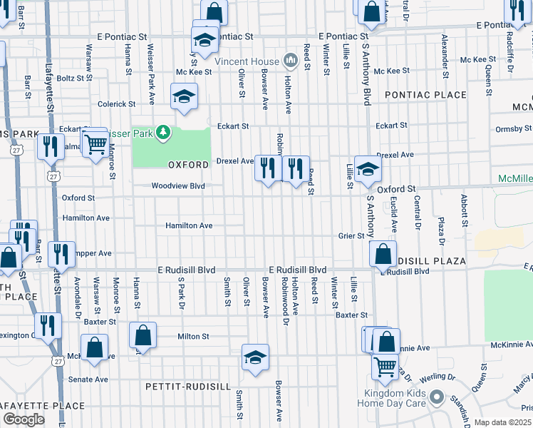 map of restaurants, bars, coffee shops, grocery stores, and more near 3531 Bowser Avenue in Fort Wayne