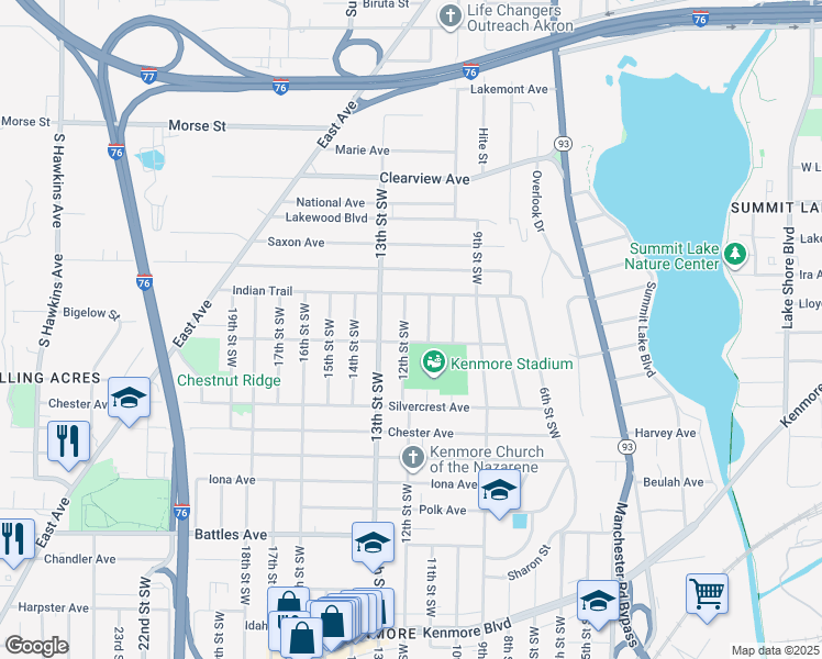 map of restaurants, bars, coffee shops, grocery stores, and more near 1896 12th Street Southwest in Akron