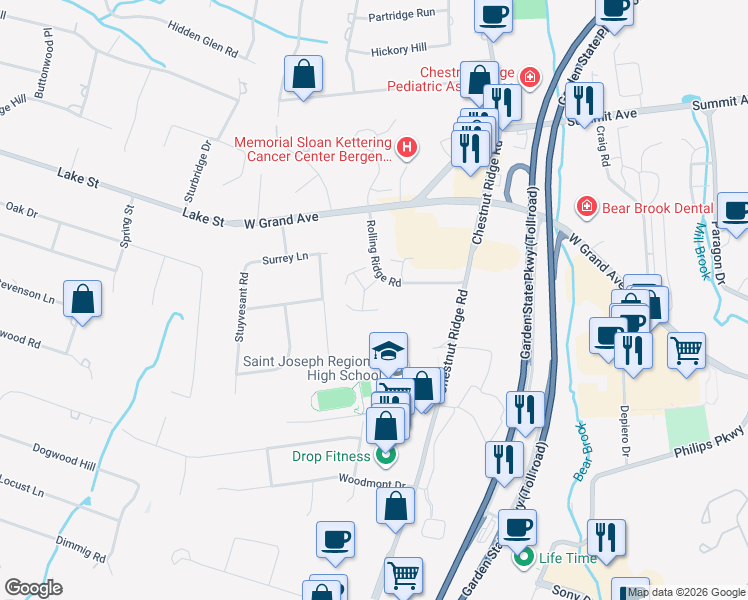 map of restaurants, bars, coffee shops, grocery stores, and more near 10 Rustic Circle in Montvale