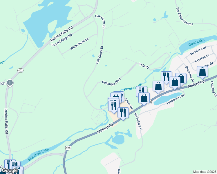 map of restaurants, bars, coffee shops, grocery stores, and more near 20 Columbia Boulevard in East Stroudsburg