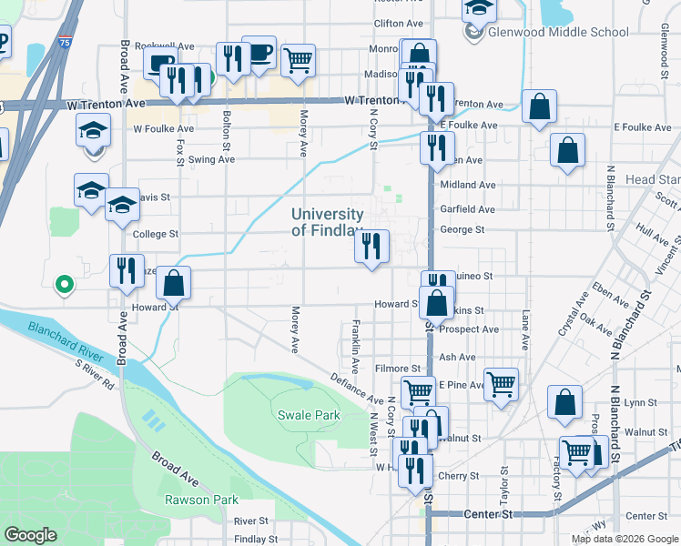 map of restaurants, bars, coffee shops, grocery stores, and more near 324 Howard Street in Findlay