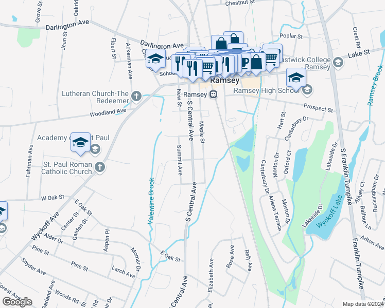 map of restaurants, bars, coffee shops, grocery stores, and more near 144 South Central Avenue in Ramsey