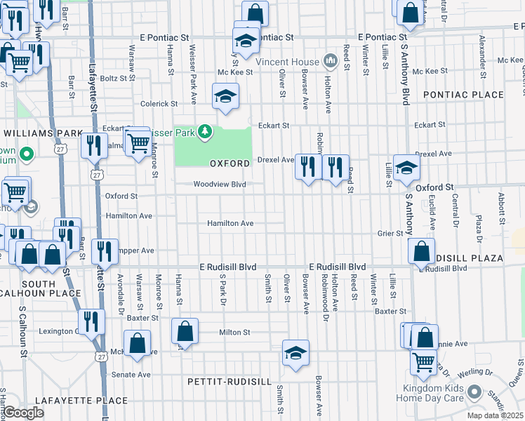map of restaurants, bars, coffee shops, grocery stores, and more near 3526 Smith Street in Fort Wayne