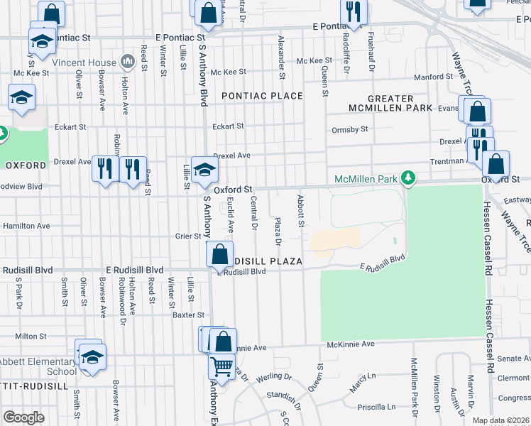 map of restaurants, bars, coffee shops, grocery stores, and more near 3720 Plaza Drive in Fort Wayne