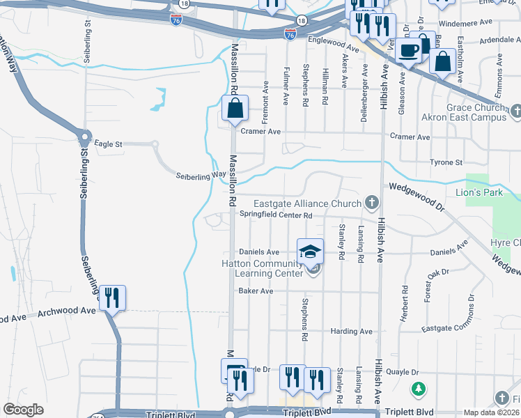 map of restaurants, bars, coffee shops, grocery stores, and more near 342 Gibbs Road in Akron
