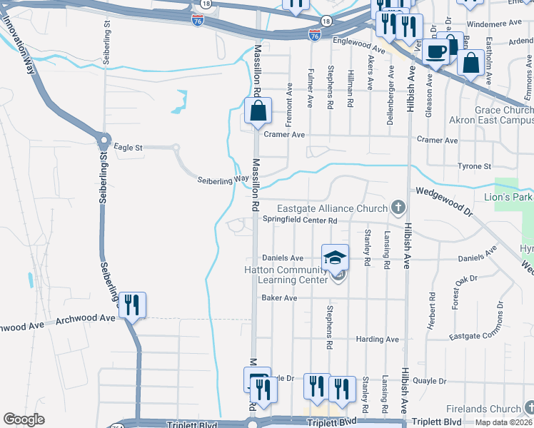 map of restaurants, bars, coffee shops, grocery stores, and more near 328 Baldwin Road in Akron