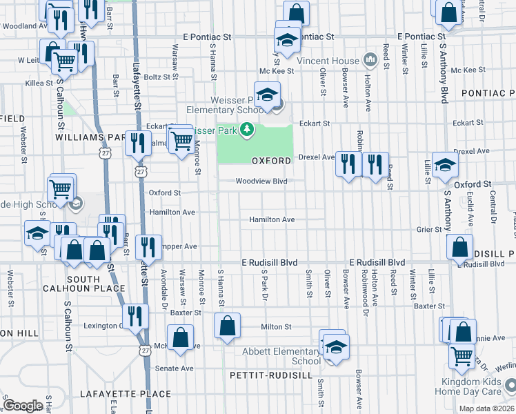map of restaurants, bars, coffee shops, grocery stores, and more near 902 Hamilton Avenue in Fort Wayne