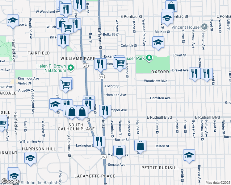map of restaurants, bars, coffee shops, grocery stores, and more near 3615 Avondale Drive in Fort Wayne