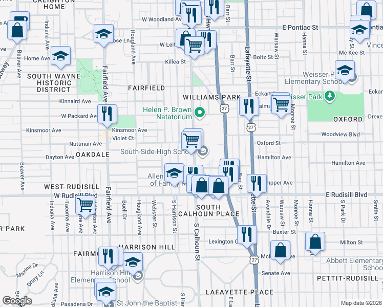map of restaurants, bars, coffee shops, grocery stores, and more near 101-165 East Oakdale Drive in Fort Wayne