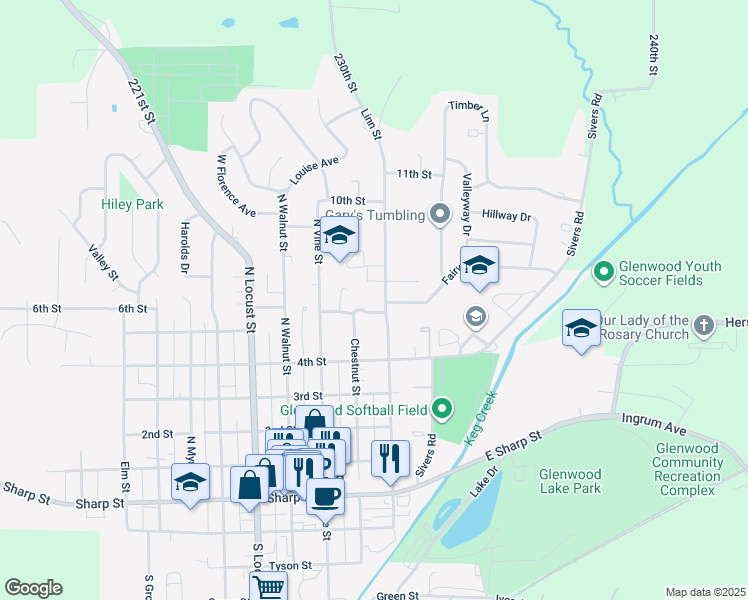 map of restaurants, bars, coffee shops, grocery stores, and more near 501 Linn Street in Glenwood