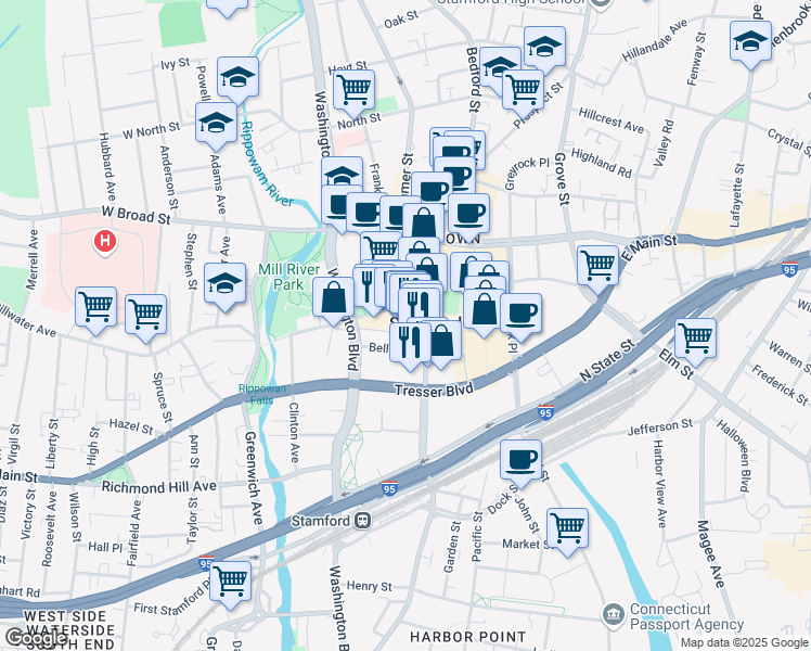 map of restaurants, bars, coffee shops, grocery stores, and more near 144 Tresser Boulevard in Stamford