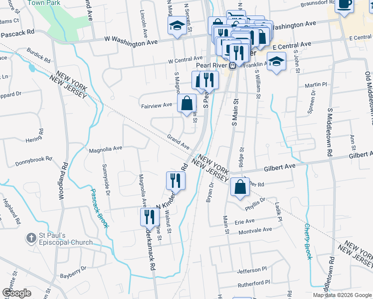 map of restaurants, bars, coffee shops, grocery stores, and more near 85 Grand Avenue in Pearl River