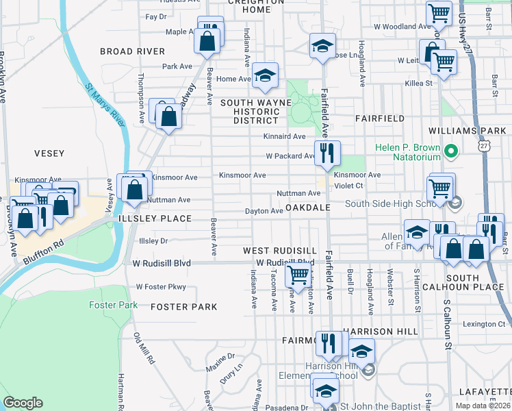 map of restaurants, bars, coffee shops, grocery stores, and more near 3517 Indiana Avenue in Fort Wayne