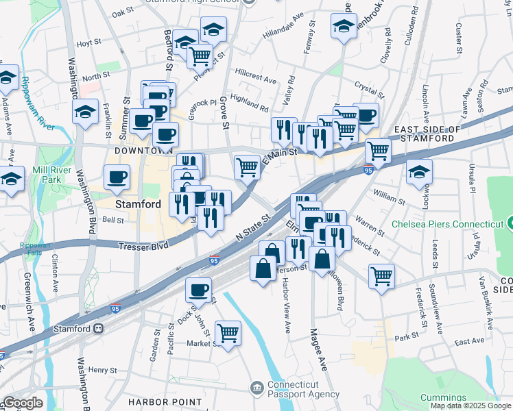 map of restaurants, bars, coffee shops, grocery stores, and more near 107 North State Street in Stamford