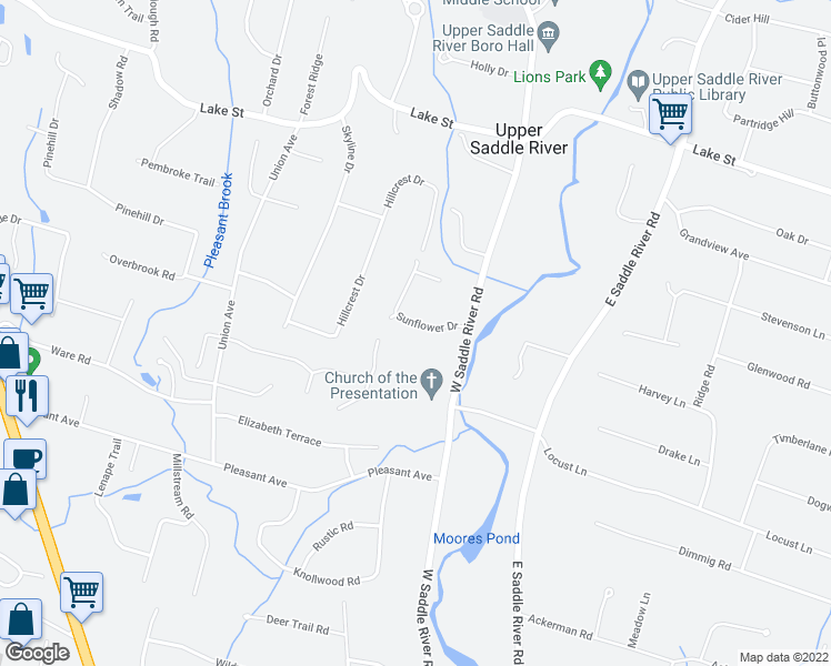 map of restaurants, bars, coffee shops, grocery stores, and more near 10 Sunflower Drive in Upper Saddle River