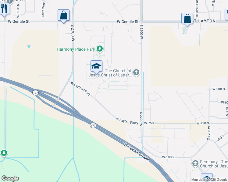 map of restaurants, bars, coffee shops, grocery stores, and more near 2402 West 525 South Street in Layton