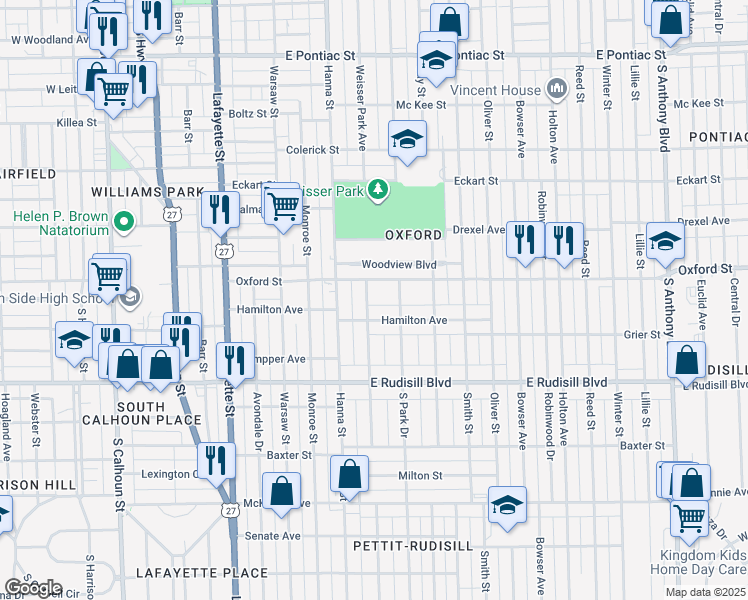 map of restaurants, bars, coffee shops, grocery stores, and more near 3523 Weisser Park Avenue in Fort Wayne