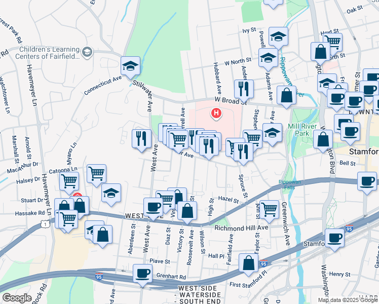 map of restaurants, bars, coffee shops, grocery stores, and more near 12 Stillwater Place in Stamford