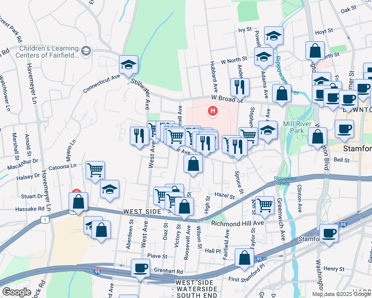 map of restaurants, bars, coffee shops, grocery stores, and more near 12 Stillwater Place in Stamford
