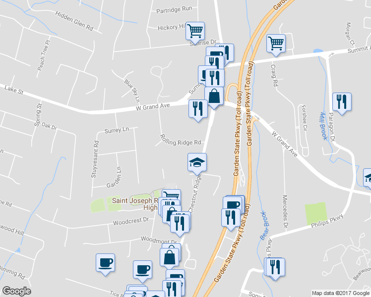 map of restaurants, bars, coffee shops, grocery stores, and more near 27 Rolling Ridge Road in Montvale