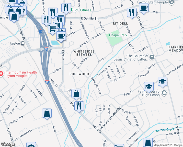 map of restaurants, bars, coffee shops, grocery stores, and more near 758 East Rosewood Lane in Layton