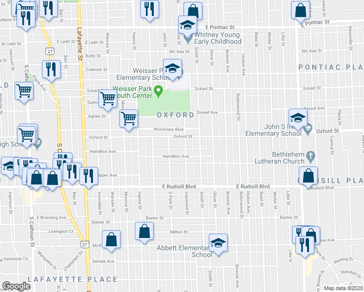 map of restaurants, bars, coffee shops, grocery stores, and more near 3522 Gaywood Drive in Fort Wayne