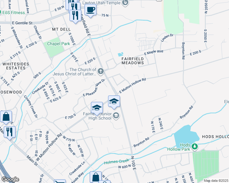 map of restaurants, bars, coffee shops, grocery stores, and more near 1057 North Fairfield Street in Kaysville