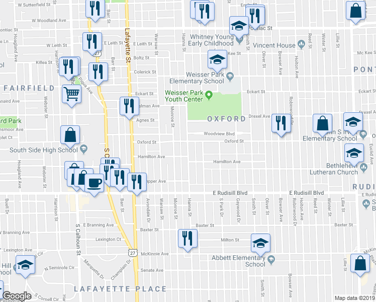 map of restaurants, bars, coffee shops, grocery stores, and more near 3521 South Hanna Street in Fort Wayne