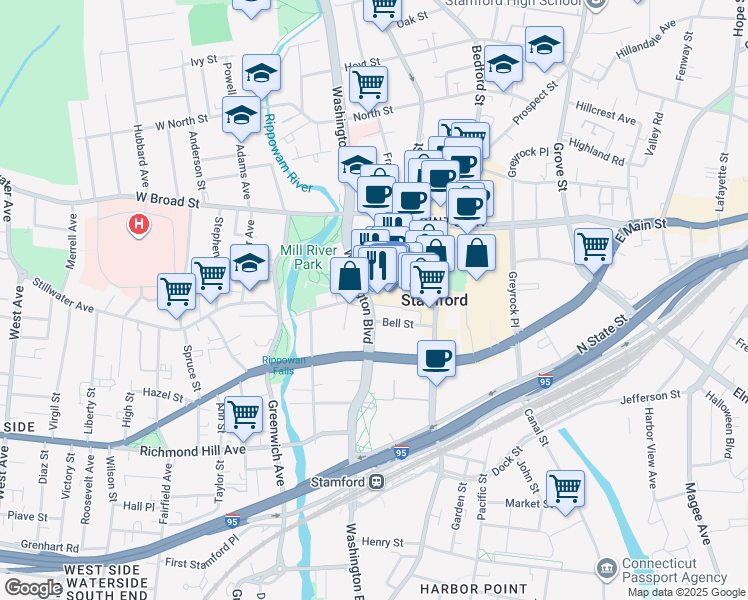 map of restaurants, bars, coffee shops, grocery stores, and more near 74 West Park Place in Stamford