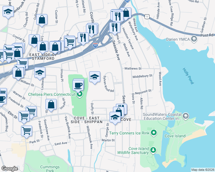 map of restaurants, bars, coffee shops, grocery stores, and more near 252 Sylvan Knoll Road in Stamford